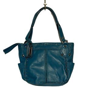 B Makowsky Teal Blue Leather Shoulder Bag w/ Studs + Leopard